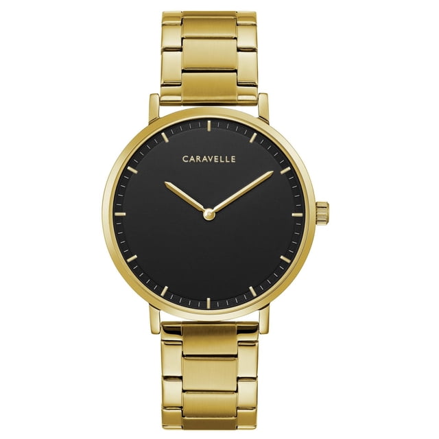 Caravelle Mens Gold-Tone Quartz Watch with a 39mm gold-tone stainless steel case and bracelet, minimalist black dial with gold-tone hands and hour markers, double-push fold-over clasp, quick-release spring bar, and water resistance up to 30m, ideal for both casual and formal wear.