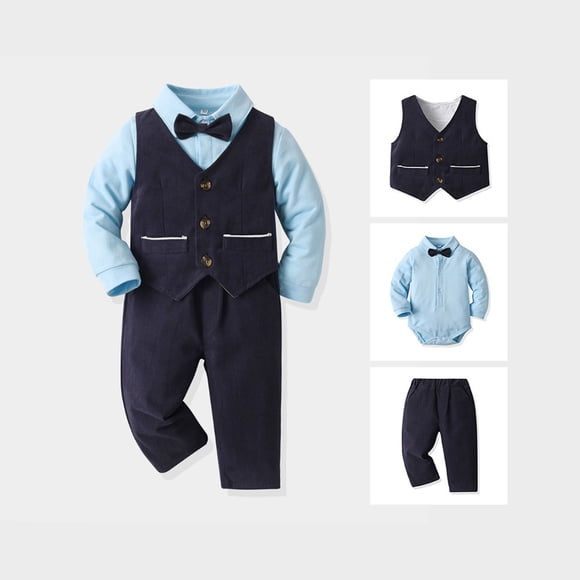 New Born Clothes Baby Boy Bowtie Dress Shirt with Bowtie Vest Pants 4 Pieces Gentleman Wedding Outfit One Birthday Outfit Boy for Baby Boy 3-6 Months