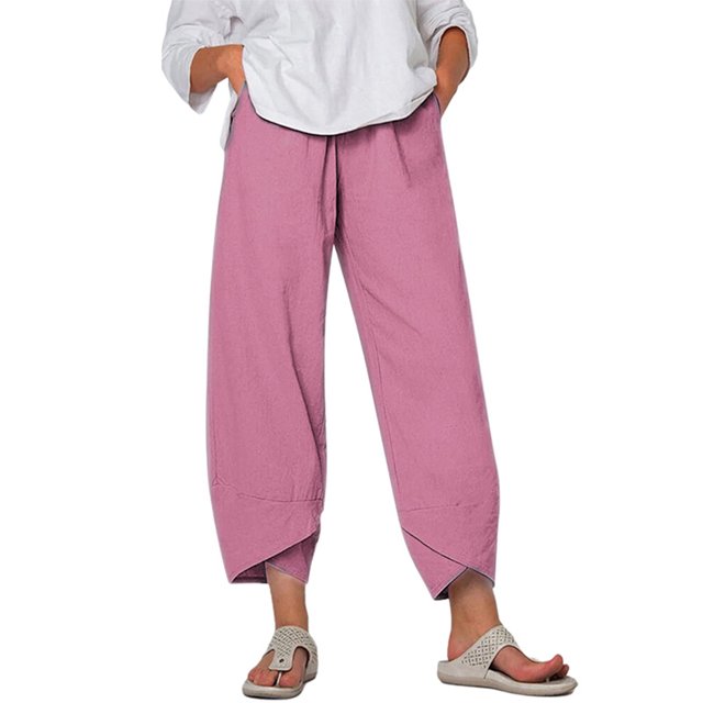 Innerwin Palazzo Pant High Waist Ladies Harem Pants Beach Solid Color Boho Trousers Pink L