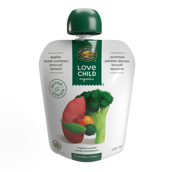 Love Child Organics Super Blends Purée pour Bébé - Pommes, Patates Douces, Brocoli & Épinards