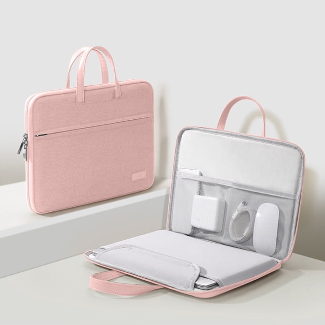 Laptop Case Computer Case Laptop Travel Bag Computer Case in soft pink, featuring a zippered pocket and dual handles for easy carrying. The open view displays a multi-layer interior with compartments for accessories such as a mouse, charger, and cables, designed to hold laptops up to 13.3 inches. Lightweight and travel-friendly, suitable for business trips or daily commuting.