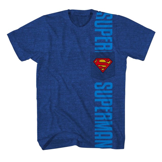Mens Superman T-shirt w/pocket in blue heather fabric with a crew neck, featuring vertical light blue 'SUPER' and 'SUPERMAN' text along the right side and a chest pocket with the red and yellow Superman shield logo, ideal for casual wear or fan apparel.