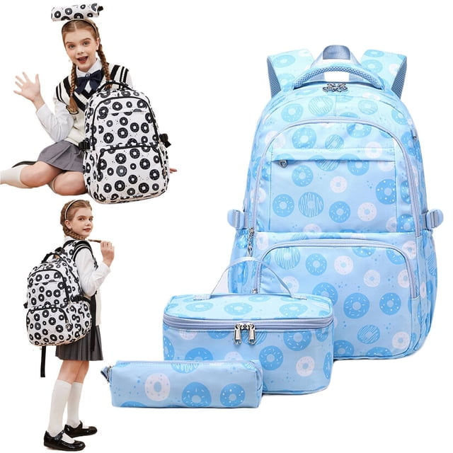 WHEANG Donut Printed School Backpack For Girls Backpack With Lunch Box Lightweight Water Kids Bookbags Set