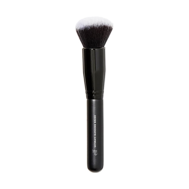 e.l.f. Cosmetics Ultimate Blending Brush with a large dome-shaped head of densely packed black and white synthetic bristles and a matte black handle printed with the brand name, designed for advanced face makeup techniques and seamless coverage, also suitable for blending powder, liquid, or mousse products.
