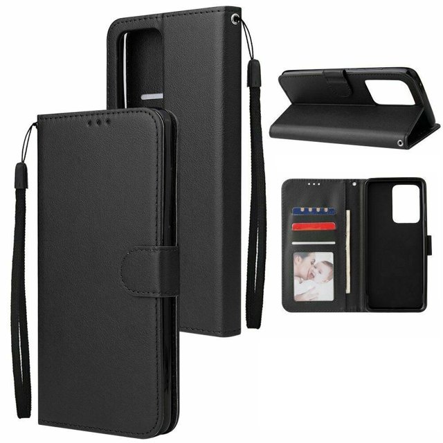 Samsung Galaxy S20 Ultra Case, Leather Magnetic Card Slot Wallet Folio Flip Case Cover in black synthetic leather. Designed as a wallet case with multiple credit card slots, a pocket for bills, and a magnetic clasp for secure closure. Features a TPU inner case for shock absorption and drop protection. Converts into a media stand and includes a wrist strap for portability. Ideal for protecting and organizing your phone and essentials.