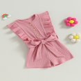 thumbnail image 3 of Toddler Baby Girl Clothes Rompers Ribbed Ruffle Sleeveless Button Belted Romper Short Jumpsuit Summer Outfit Brick Red 12-18 Months, 3 of 7