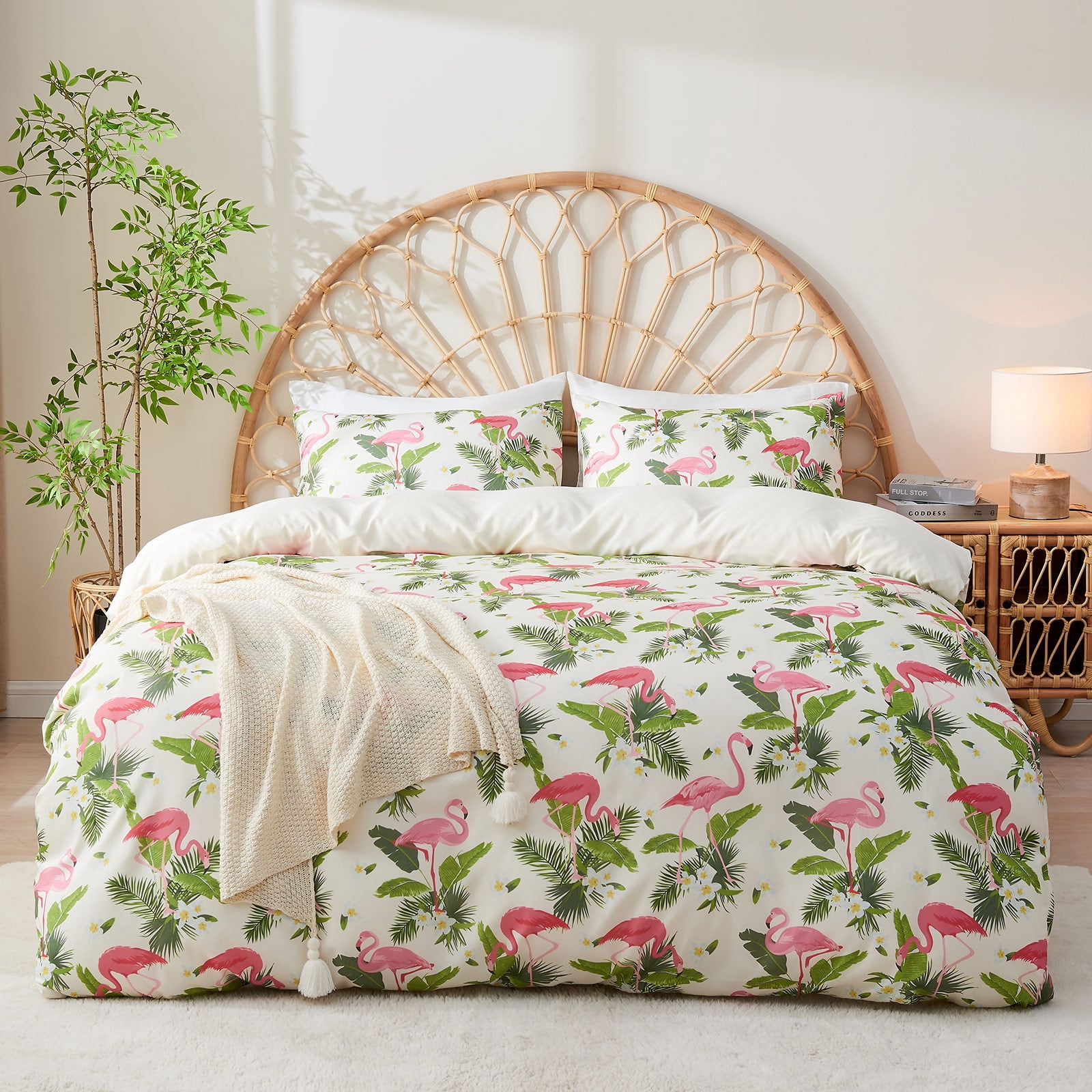 Gogreen King Duvet Cover Floral, Soft & Breathable Microfiber 3 Pieces King Bedding Sets, Pattern King Comfy Duvet Cover, with Zipper Closure (Flamingo, King)