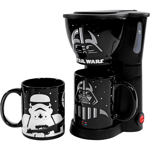 Star Wars Darth Vader Coffee Maker with 2 Mug by Uncanny Brands. A single-serve drip coffee maker featuring a black design with Darth Vader and Star Wars branding on the machine. Includes two 12-ounce ceramic mugs, one with a Stormtrooper design and the other with Darth Vader. Brews an 8-ounce cup in under 90 seconds and a 14-ounce travel mug in under 2.5 minutes. Officially licensed by Disney and Lucasfilm.