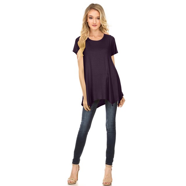 Womens Short Sleeve Scoop Neck Flowy Tunic Top - Made in USA, Medium, Plum
