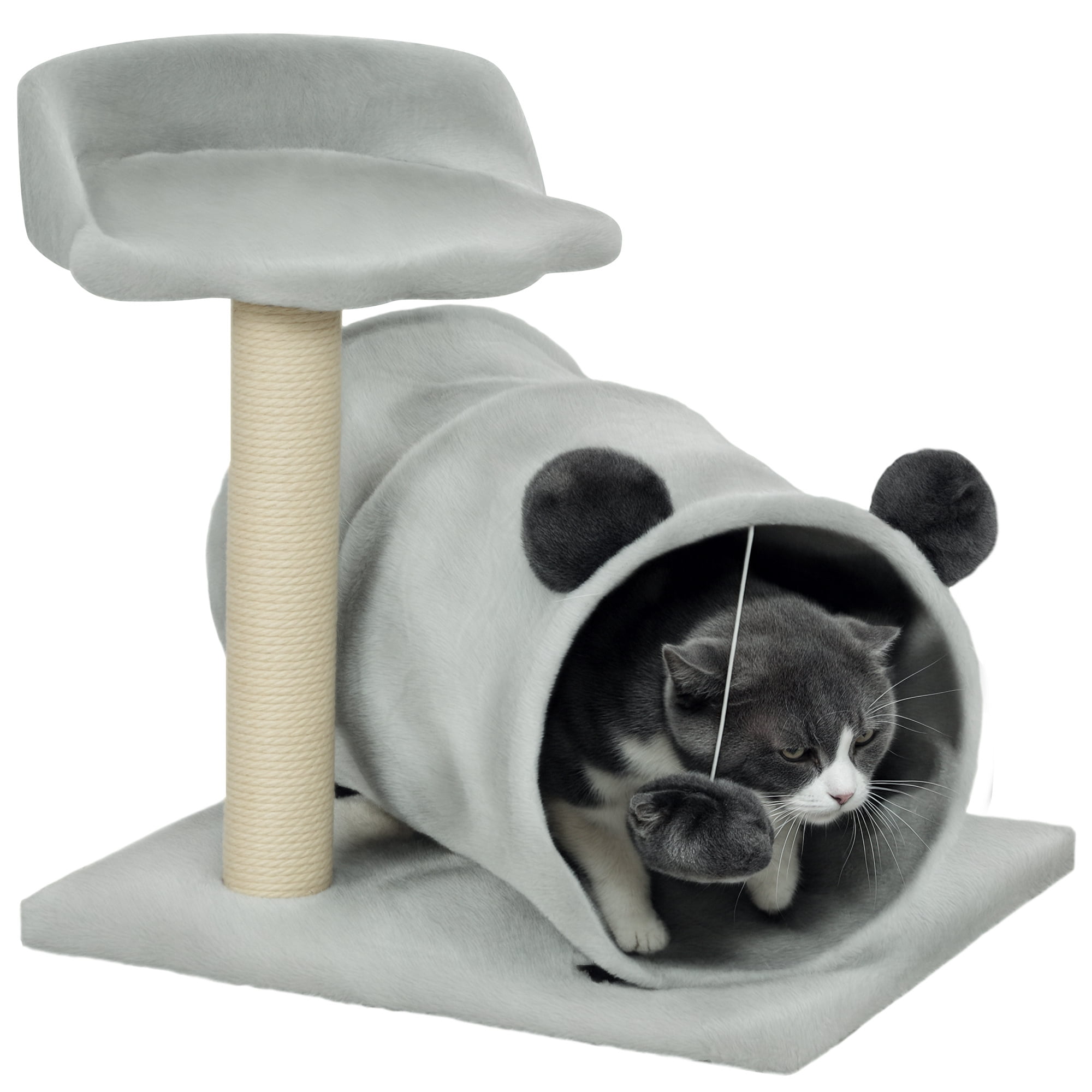 PawHut Small Cat Tree, Cat Tower with Tunnel, Scratching Post, Bed, Grey