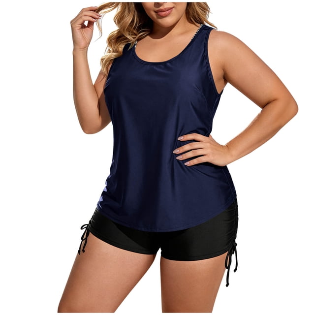 ShomPort Womens Swim Set 3 Piece Tankini Top and Swim Bra with Side Drawstring Boy Shorts Swimsuits