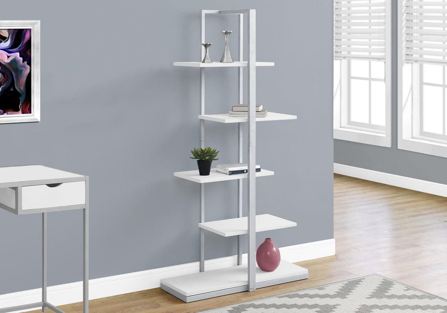 Monarch Specialties Bookshelf, Bookcase, Etagere, 5 Tier, 60"h, Office, Bedroom, Metal, Laminate, White, Grey, Contemporary, Modern