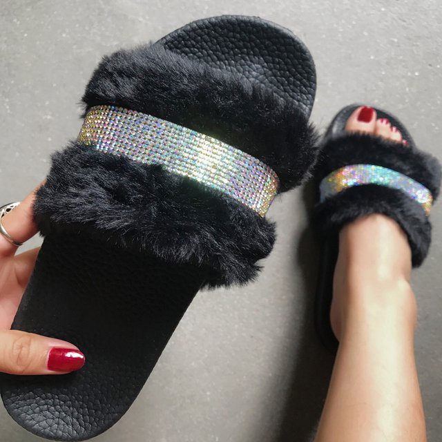 LSLJS Fashion Womens One Pedal Slipper Open Toe Rhinestone Plush Slippers Flat Sandals, Women's Slippers