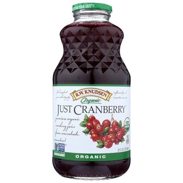 R.W. Knudsen Just Cranberry organic juice in a 32 fl oz clear glass bottle with a green safety cap and diamond-textured upper half, labeled with red cranberries illustration, Non-GMO Project verified and USDA organic certified, suitable for smoothies and cocktails.