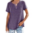 thumbnail image 3 of MAWCLOS Ladies T Shirt Solid Color Tops V Neck Tee Comfy Street Short Sleeve Blouse Purple S, 3 of 7