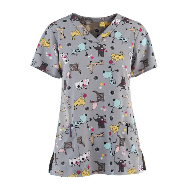 RKSTN Women Short Sleeve V-neck Tops Working Uniform Cartoon Print Blouse
