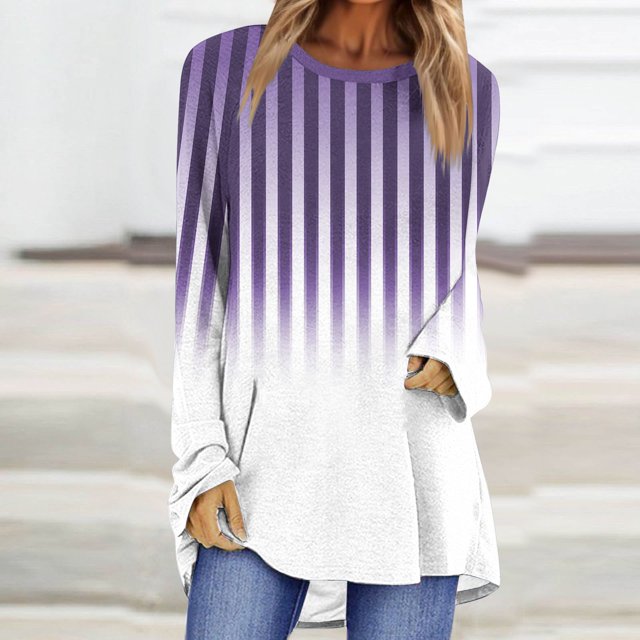 Styesk Chemises à Manches Longues pour Femmes Grande Taille Chemise Rayée Tendance Col Rond Ample Tunique Décontractée Dégradé Douce Légère
