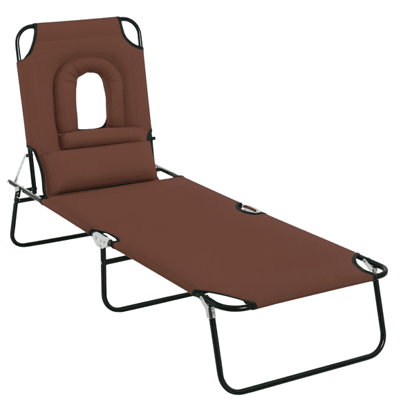 Outsunny Adjustable Outdoor Lounge Chair, Garden Folding Chaise Lounge w/ Reading Hole Reclining Tanning Chair Seat, Folding Camping Beach Lounging Bed with Support Pillow, Brown