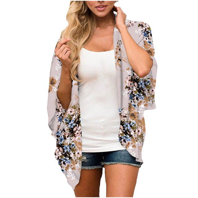 Fridja Womens Middle Sleeve Print Chiffon Cardigan Beach Loose Easy Tops