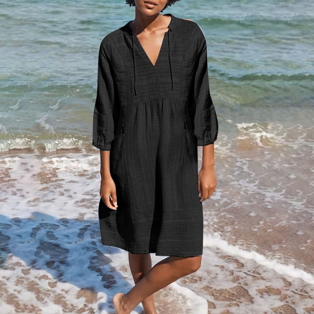 Weiqiqre Robes pour Femmes, Robes Décontractées Amples à Col en V pour Femmes à Manches 3/4 avec Poche en Solde