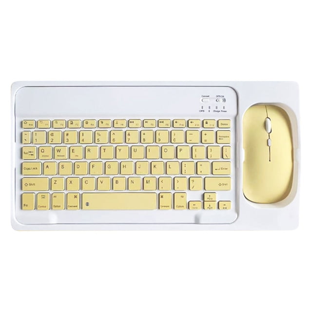 Wireless Keyboard and Mouse Bluetooth Keyboard for Mobile Phones and Tablets. A compact wireless keyboard and mouse combo with a yellow and white design. The keyboard features quiet, responsive keys, and the mouse has a silent click. Suitable for tablets, smartphones, and other Bluetooth devices. Includes a built-in rechargeable lithium battery with up to 40 hours of use per charge and a 10-meter operating range.