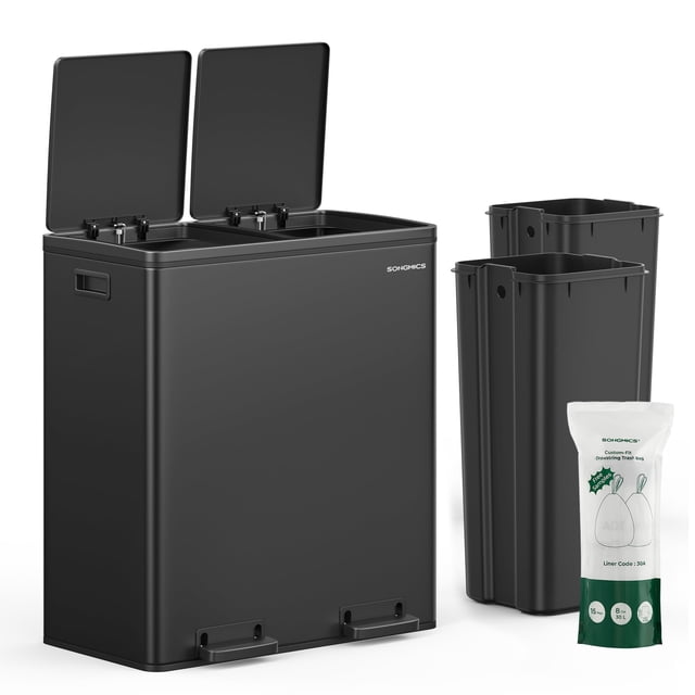 Trash Can, 2 x 8-Gallon Garbage Can for Kitchen by SONGMICS, featuring a black powder-coated stainless steel body with two compartments and hinged lids. Includes 15 trash bags, two removable plastic inner buckets for easy cleaning, and soft-close lids for quiet operation. Dimensions are 23.2 inches long, 12.8 inches wide, and 25.6 inches high without the foot pedal. Designed for indoor use with a hands-free pedal mechanism for convenient waste disposal.