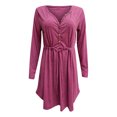 thumbnail image 3 of Pompotops Femmes Casual Couleur Unie V-Cou de la Mode à Manches Longues Bouton Robe Ceinture, 3 of 4