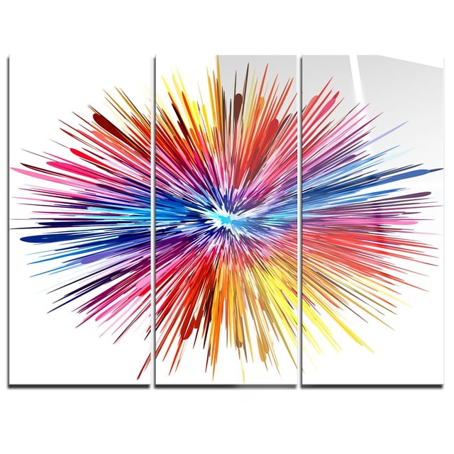 Design Art Explosion de Couleurs à Panneaux Multiples, Oeuvre d'Art Abstraite en Métal avec Trois Panneaux en aluminium Présentant une Finition Très Lustrée et une Explosion Radiale Vibrante de Rouge, Bleu, Jaune, Rose et Violet sur Fond Blanc. Monté sur un sous-Cadre en Bois pour un Effet Flottant, Cet Art Mural Moderne Prêt à Accrocher Convient à la Déco de la Maison Ou du Bureau et Est Idéal pour Énergiser les Espaces Minimalistes.