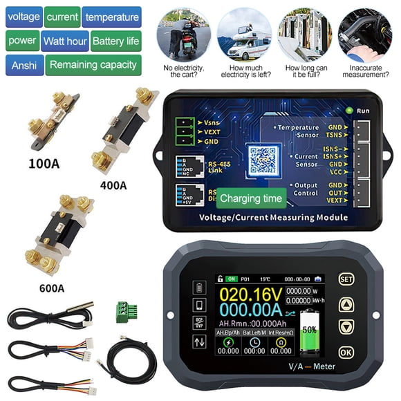 VONKY Bluetooth 100A/400A/600A RV Battery Monitor With/ Shunt Tester Battery Coulomb Meter Battery Capacity Meter Reliable 400A KG-140F