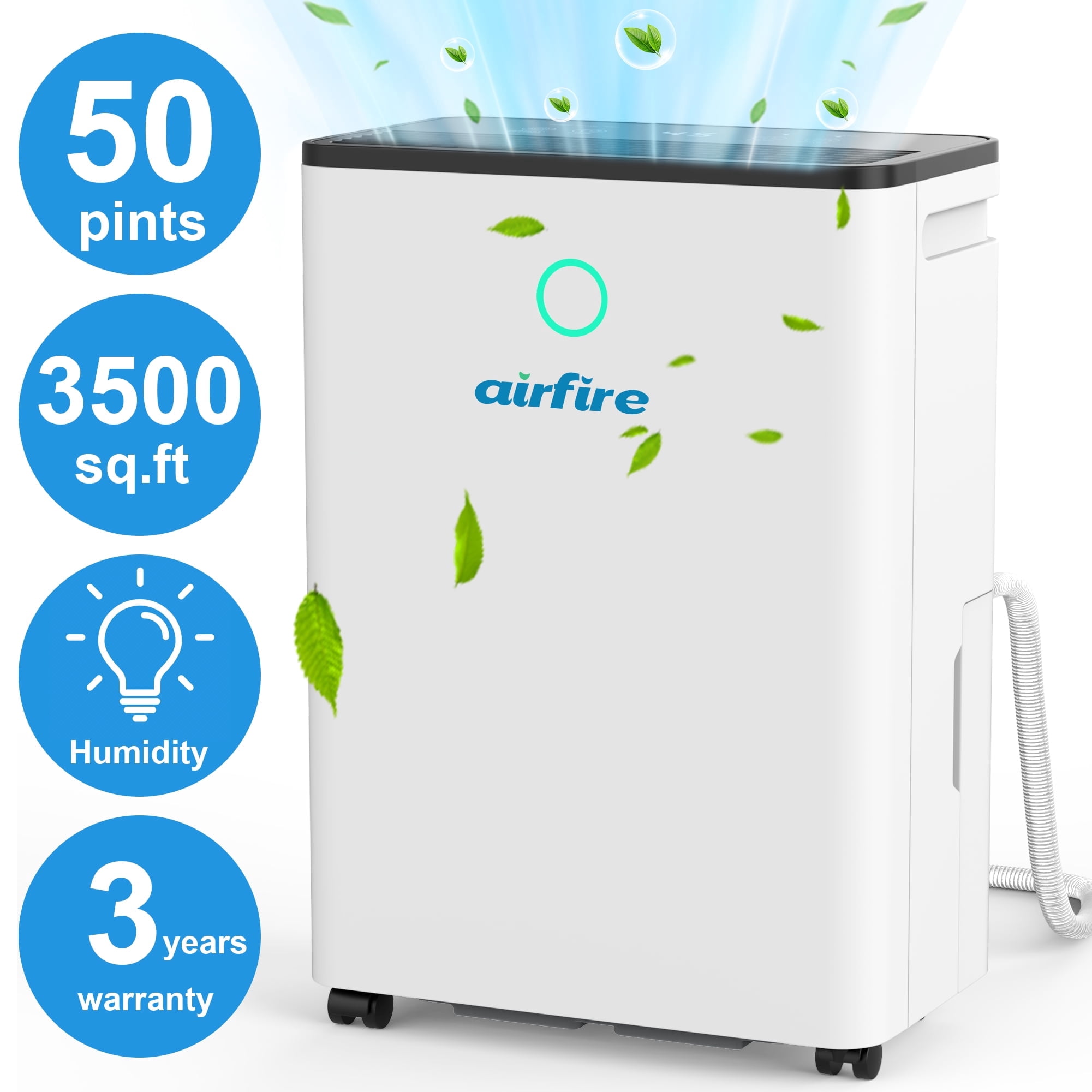 Airfire Dehumidifier, 50 Pint Dehumidifier with Drain Hose, Max 3500 Sq.Ft Dehumidifiers for Home Basement, 0.66 Gal Water Tank, Overflow Protection, Auto Defrost& Drain, Humidity Indicator