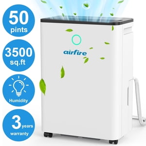 Airfire Déshumidificateur, 50 Déshumidificateur de la pinte avec tuyau d'égouttage, Max 3500 Déshumidificateurs Ft pour sous-sol, 0.66 Réservoir d'eau de Gal, protection contre les débordements, dégivrage automatique et drainage, indicateur d'humidité