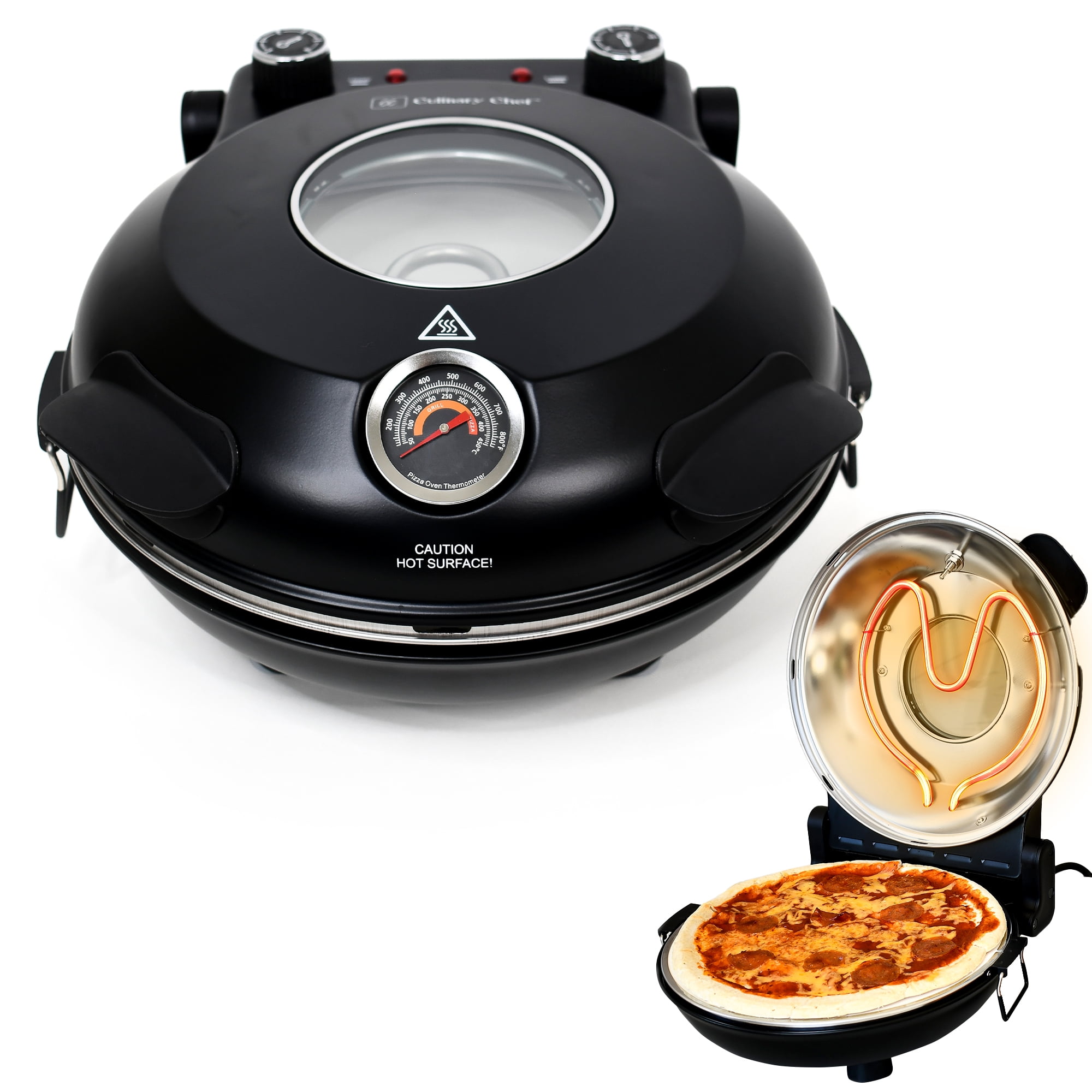 Culinary Chef 1200 Watt High Temperature Indoor Pizza Maker, Electric Pizza Oven with Built-in Thermostat & Pizza Stone, Black