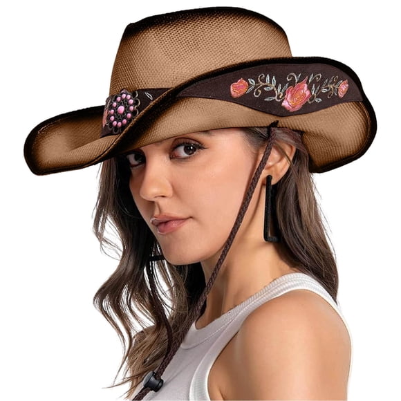 Fgnfyis Cowboy Hats for Women Brown Hats Classic Straw Western Hats for Women Music Festival Party Beach Sun Hats Khaki