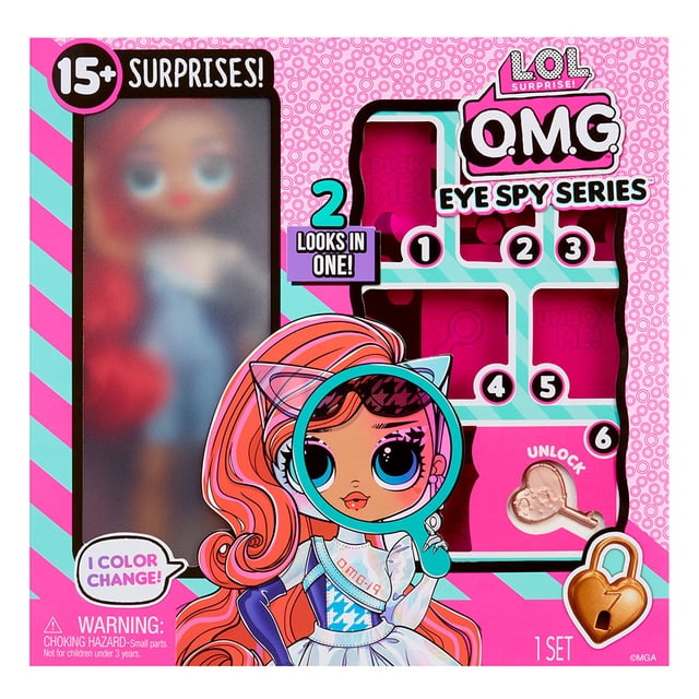 L.O.L. Surprise! O.M.G. Eye Spy – Spy doll packaging in pink and teal featuring interactive clues numbered 1 to 6, a key to unlock the doll, and highlighting 2 looks in one with color change features and over 15 surprises included.