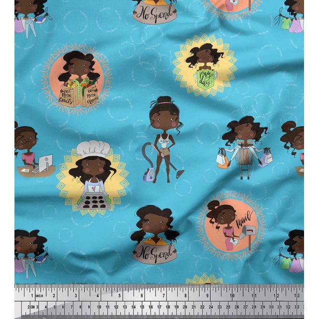 Soimoi Blue Rayon Fabric Circle,Cook & Working Girl Printed Fabric 1 Yard 42 Inch Wide