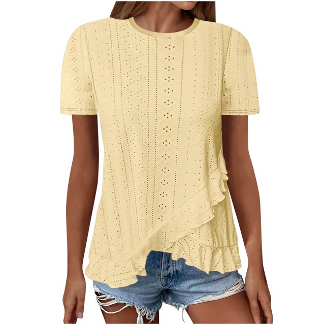 Timegard Summer Tops for Women Drop Shoulder Crewneck Ruffle IrregularlyEyelet Comfy Casual Tee Shirts