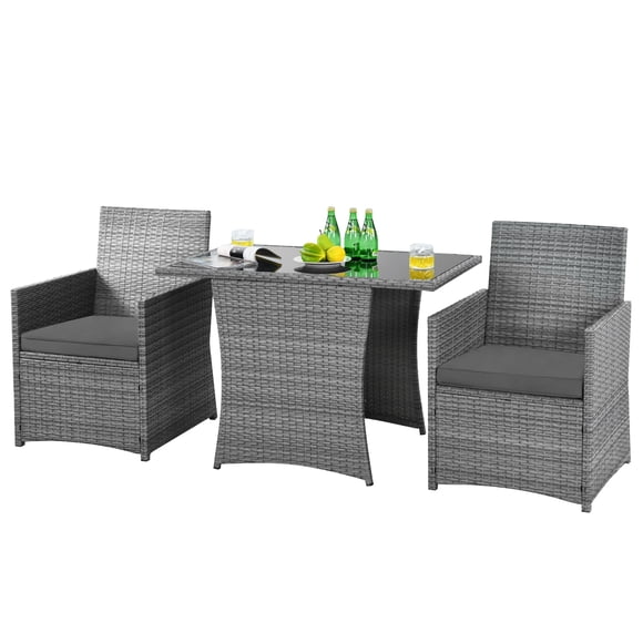 Patiojoy Ensemble de Meubles en Rotin pour Patio 3 Pcs Ensemble de Table et Chaises en Osier d'Extérieur avec Coussins Gris