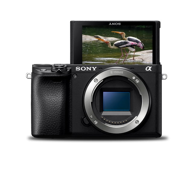 Sony Alpha a6400 Mirrorless Digital Camera (Body Only) featuring a 24.2 MP Exmor CMOS sensor, advanced autofocus with 425 phase/contrast detection points, and a 180-degree tiltable touchscreen LCD. The camera is shown with its lens mount exposed and the LCD screen flipped upward displaying an image of birds. Ideal for 4K HDR video recording, vlogging, and professional photography.