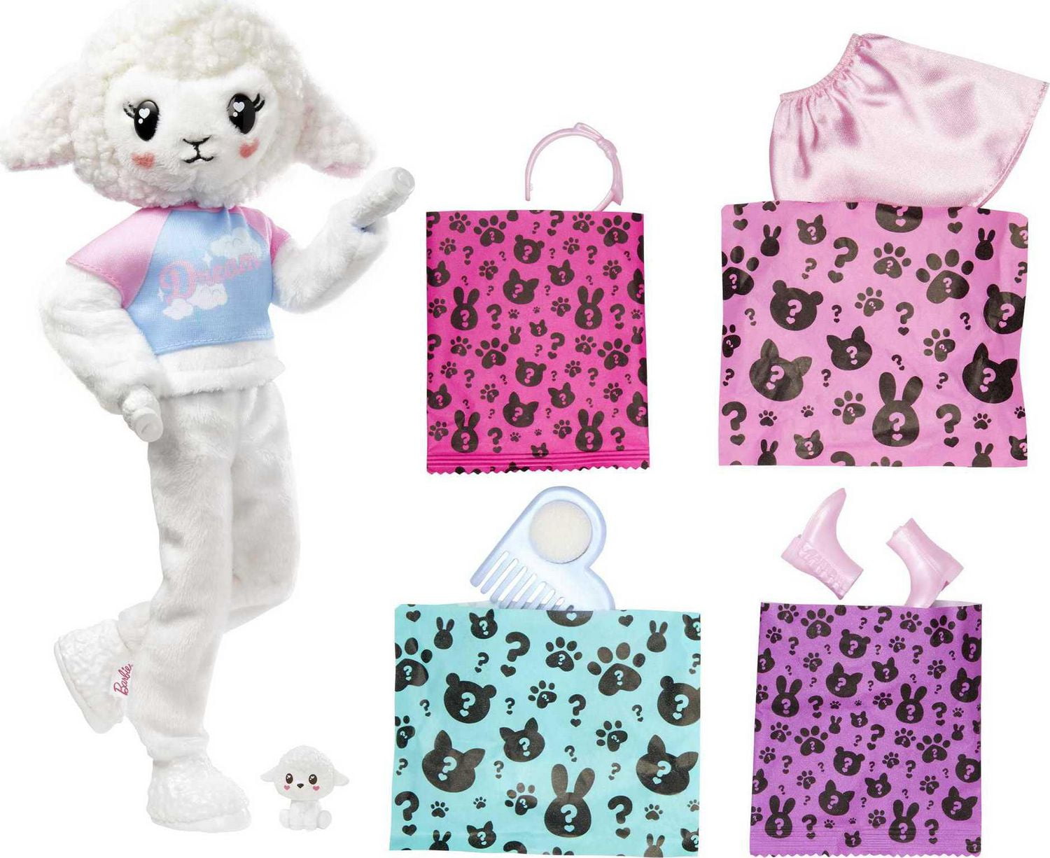 Barbie Cutie Reveal Cozy Cute Tees Doll & Accessories, Lamb in “Dream” T-shirt, Pink-Streaked Blond Hair & Blue Eyes