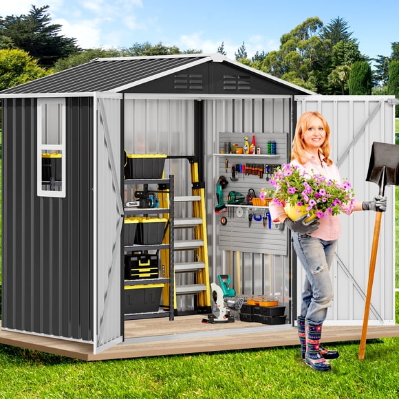 DEXTRUS Remise de Rangement Extérieure 6 X 3,2 Pi avec Fenêtre, Remise à Outils en Métal Robuste avec Porte Verrouillable et Toit en Pente, Gris