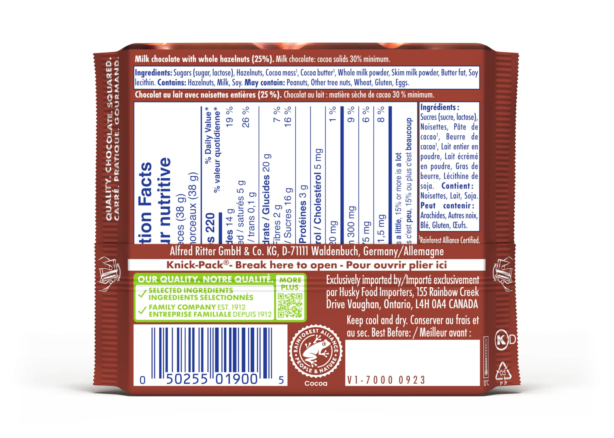 Tablette de Chocolat au Lait aux Noisettes Entières Ritter Sport, Contient du Lait et des Noisettes, 100 G