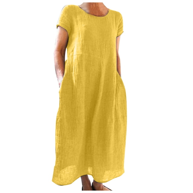 2025 Robes d'Été Confortables et Amples pour Femmes avec Poches Couleur Unie Manches Courtes Robe Midi Petite Robe Longue