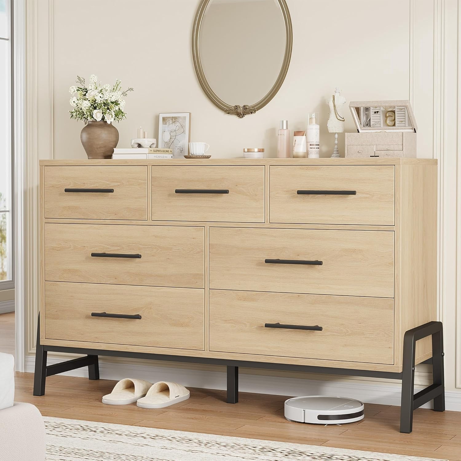 7 Dresser for Bedroom, 52 in Wide Dresser, Wide Drawer with Storage Freestanding, Wooden Closet Storage Chest for Living Room, Bedroom, Entryway, Natural Oak