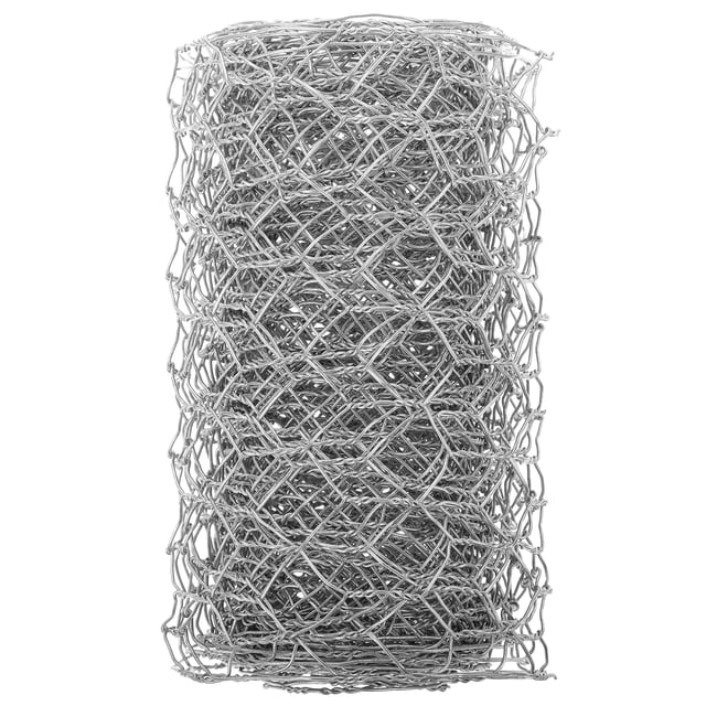 Chicken Wire Fencing Poultry Wire Mesh Fence Yard Garden Crafting Decor made of galvanized iron wire in a silver finish. The roll of wire mesh features a hexagonal pattern, suitable for poultry enclosures, garden fencing, and DIY crafts like jewelry holders or photo walls. Durable and versatile for home or farm use.