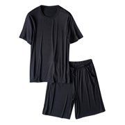 FhsagQ Pajamas Men's Pajamas Sleepwear Pack Pajama Set Summer Sleepwear Nightwear Lightweight Soft Short Sleeve O Neck Sleep Set with Pocket Mens Pajamas Sleepwear Pack Super Fit Black XXL