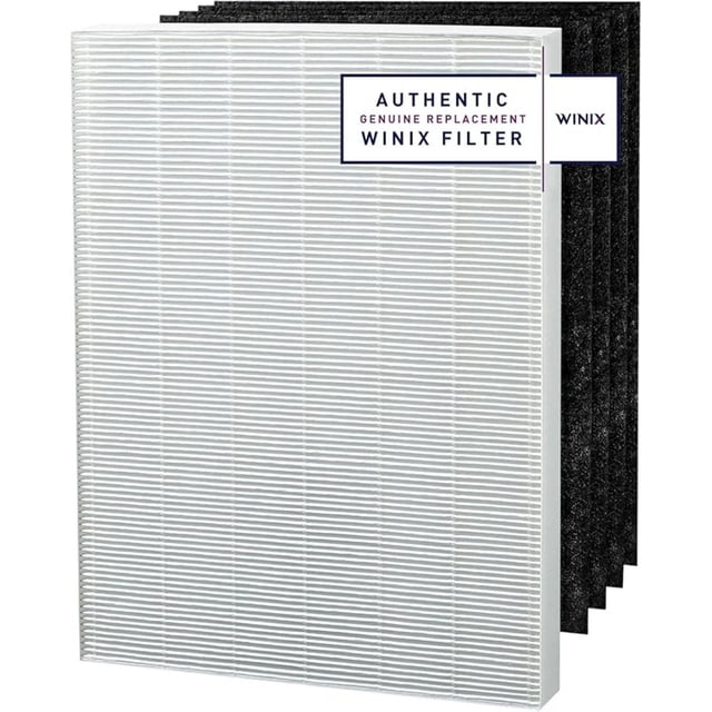 Genuine Winix 115115 True HEPA Plus 4 Replacement Filter A, Compatible with Winix models 6300, P300, 5300, 5500, 5300-2, 6300-2, AM90, C909, 9800 and C535 front-facing product shot showing four white pleated True HEPA filters and four black activated carbon pads arranged in two rows on a white background; visible accordion folds, rectangular frames and granular carbon surface; replacement air purifier filter set suitable for keeping as spare replacements.