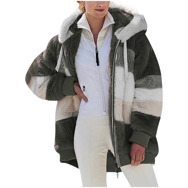 FAIWAD Women's Full Zip Fuzzy Fleece Hooded Coat Color Block Drawstring Fall Winter Warm Coat with Pockets