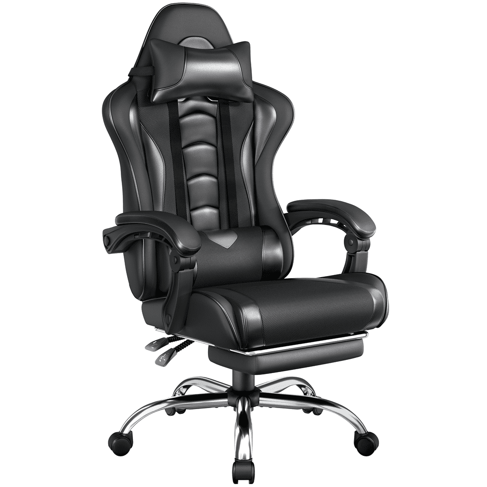 FullFurnique Chaise Gaming Ergonomique à Dossier Haut avec Repose-pieds Coulissant, Noir Intégral