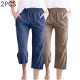 thumbnail image 2 of Timegard 2pc Capri Pants for Women Cotton Linen Elastic Waist Loose Lounge Crop Pants Pockets Solid Color, 2 of 7