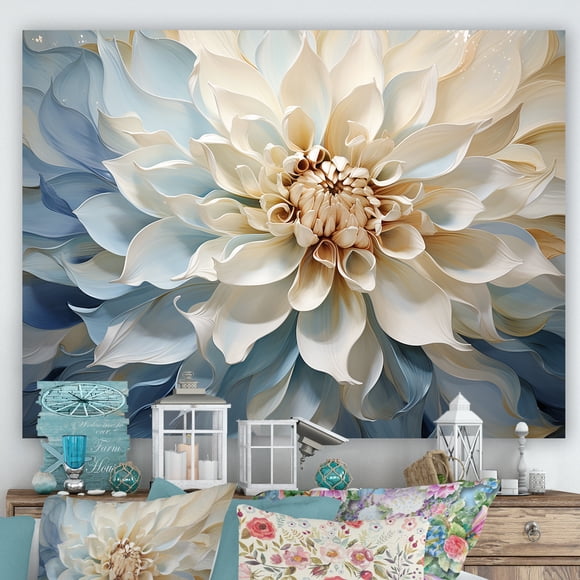Designart Dahlia Wall art decor, Dahlia Wall Art, Minimalist Harmony Of White And Blue Dahlias , beige Canvas wall art, 40x30 inches